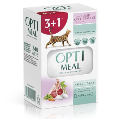 Optimeal Cat Lamb & Vegetables in jelly влажный корм с ягненком и овощами в желе для кошек 85 г набор (3+1) 340 г