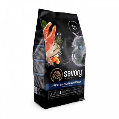 Savory Adult Cat Salmon & White Fish 8 кг сухий корм для довгошерстих котів з лососем