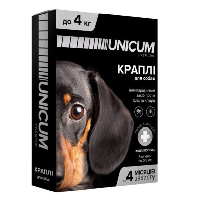 Краплі Unicum Рremium від бліх та кліщів для собак 0-4 кг (1пип) Краплі Unicum Рremium від бліх та кліщів для собак 0-4 кг (1пип)