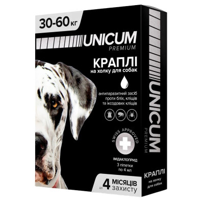 Краплі Unicum Рremium від бліх та кліщів для собак 30-60 кг (1пип) Краплі Unicum Рremium від бліх та кліщів для собак 30-60 кг (1пип)