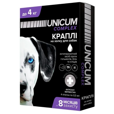 Краплі Unicum Complex Рremium від гельмінтів, бліх та кліщів для собак 0-4 кг (1пип) Краплі Unicum Complex Рremium від гельмінтів, бліх та кліщів для собак 0-4 кг (1пип)
