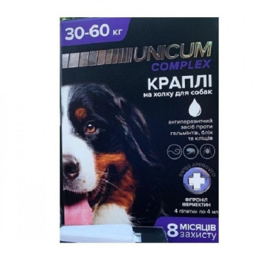 Краплі Unicum Complex Рremium від гельмінтів, бліх та кліщів для собак 30-60 кг (1пип) Краплі Unicum Complex Рremium від гельмінтів, бліх та кліщів для собак 30-60 кг (1пип)