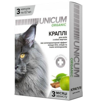 Краплі Unicum Organic від бліх та кліщів для котів (1пип) Краплі Unicum Organic від бліх та кліщів для котів (1пип)