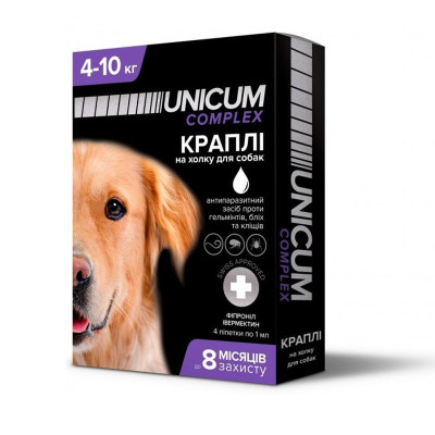 Краплі Unicum Complex Рremium від гельмінтів, бліх та кліщів для собак 4-10 кг (1пип) Краплі Unicum Complex Рremium від гельмінтів, бліх та кліщів для собак 4-10 кг (1пип)
