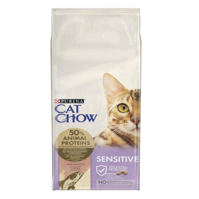 Cat Chow Adult Sensitive Salmon 15 кг сухой корм для кошек с чувствительным пищеварением с лососем