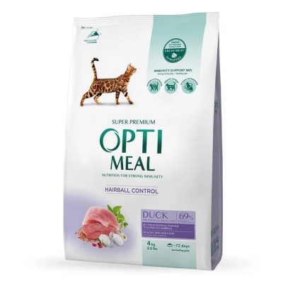 Optimeal Duck Hairball Control 4 кг сухой корм с уткой для выведения комков шерсти у кошек