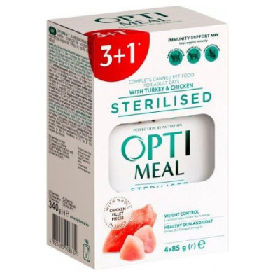 Optimeal Sterilised Turkey для стерилизованных кошек с индейкой 85 г набор (3+1) 340 г