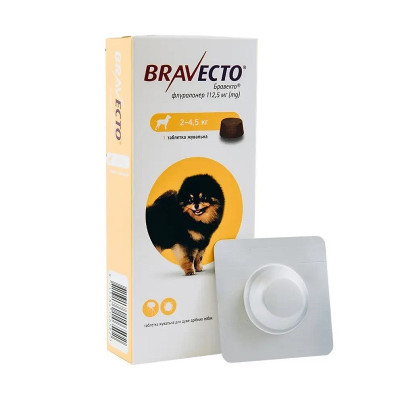 Жувальна таблетка Bravecto для собак масою від 2 до 4.5 кг 1 шт. Жувальна таблетка Bravecto для собак масою від 2 до 4.5 кг 1 шт.