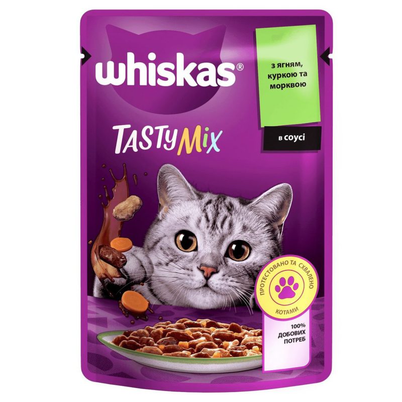 Whiskas Tasty Mix влажный корм для кошек с ягненком, курицей и морковкой в соусе 28х85 г Whiskas Tasty Mix влажный корм для кошек с ягненком, курицей и морковкой в соусе 28х85 г