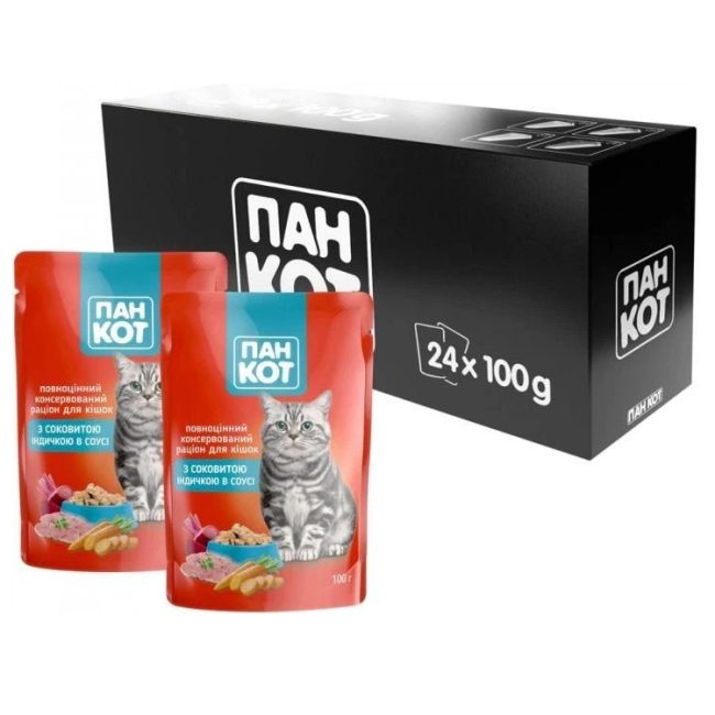 Пан Кот Индейка 24х100 г влажный корм для кошек с индейка в соусе Пан Кот Индейка 24х100 г влажный корм для кошек с индейка в соусе