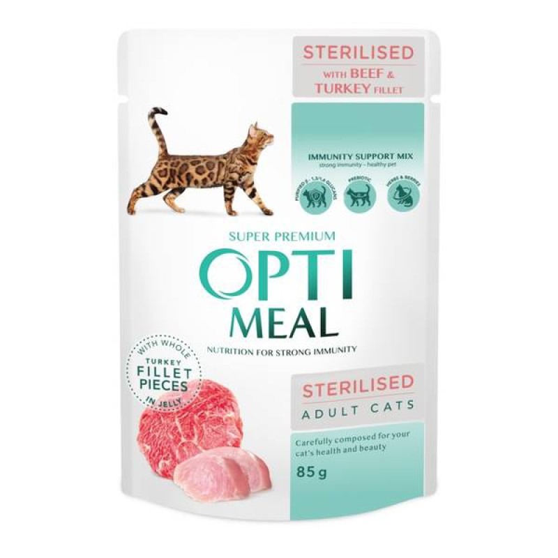 Optimeal Sterilised Beef Turkey 85 г влажный корм с говядиной в желе для стерилизованных кошек Optimeal Sterilised Beef Turkey 85 г влажный корм с говядиной в желе для стерилизованных кошек