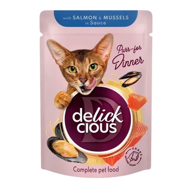 Delickcious Salmon & Mussels in Sauce влажный корм для взрослых котов корм кусочки с лососем и мидиями в соусе Delickcious Salmon & Mussels in Sauce влажный корм для взрослых котов корм кусочки с лососем и мидиями в соусе